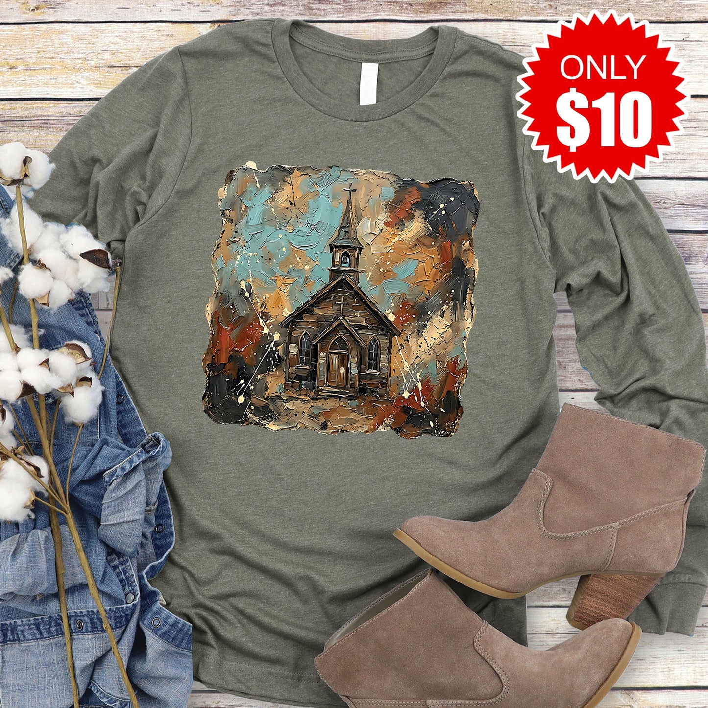 Church Long Sleeve - Heather Olive - 10