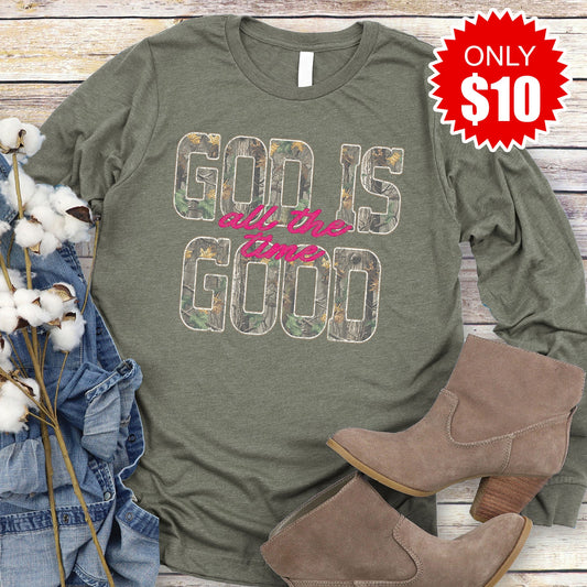 God Is Good Long Sleeve - Heather Olive - 10