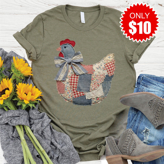 Hen Patchwork Tee - Heather Olive - 10