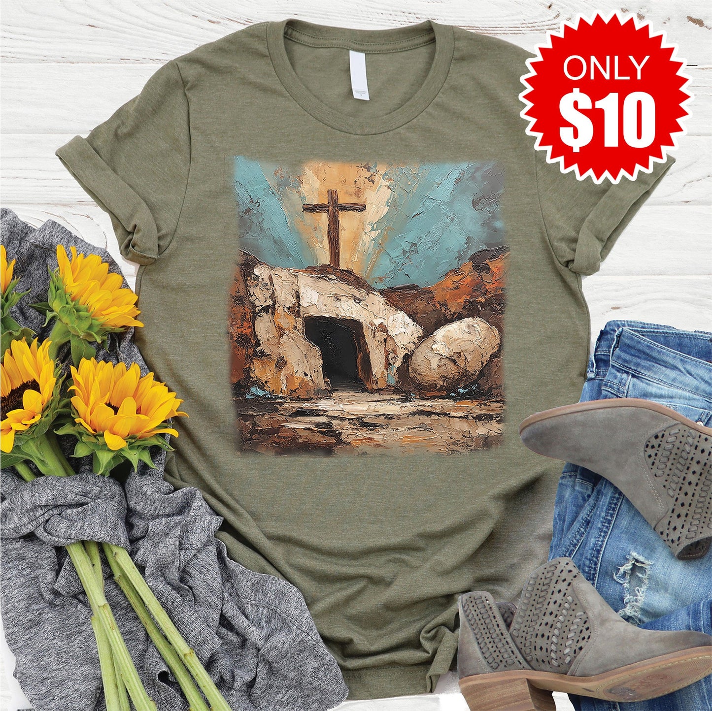 He Is Risen Tee - Heather Olive - 10
