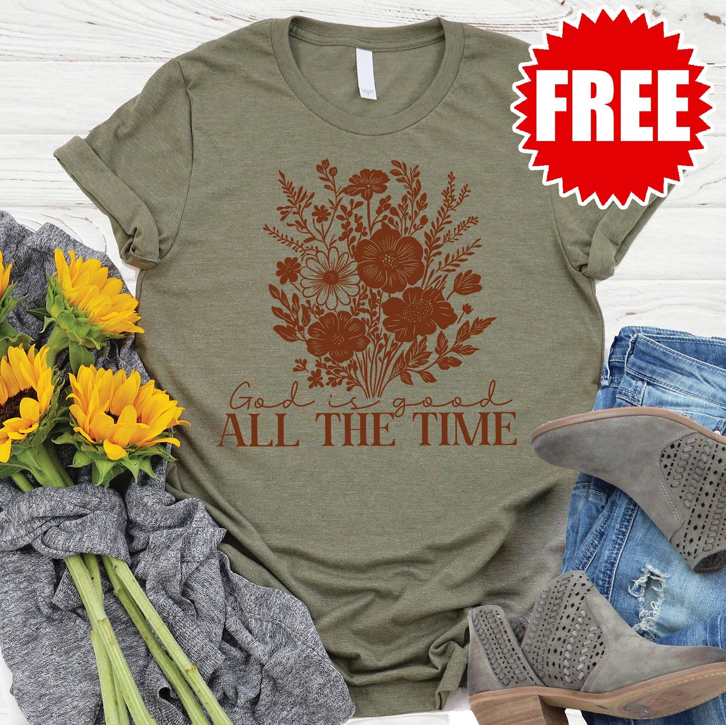 God is Good Floral Tee - Heather Olive - 0