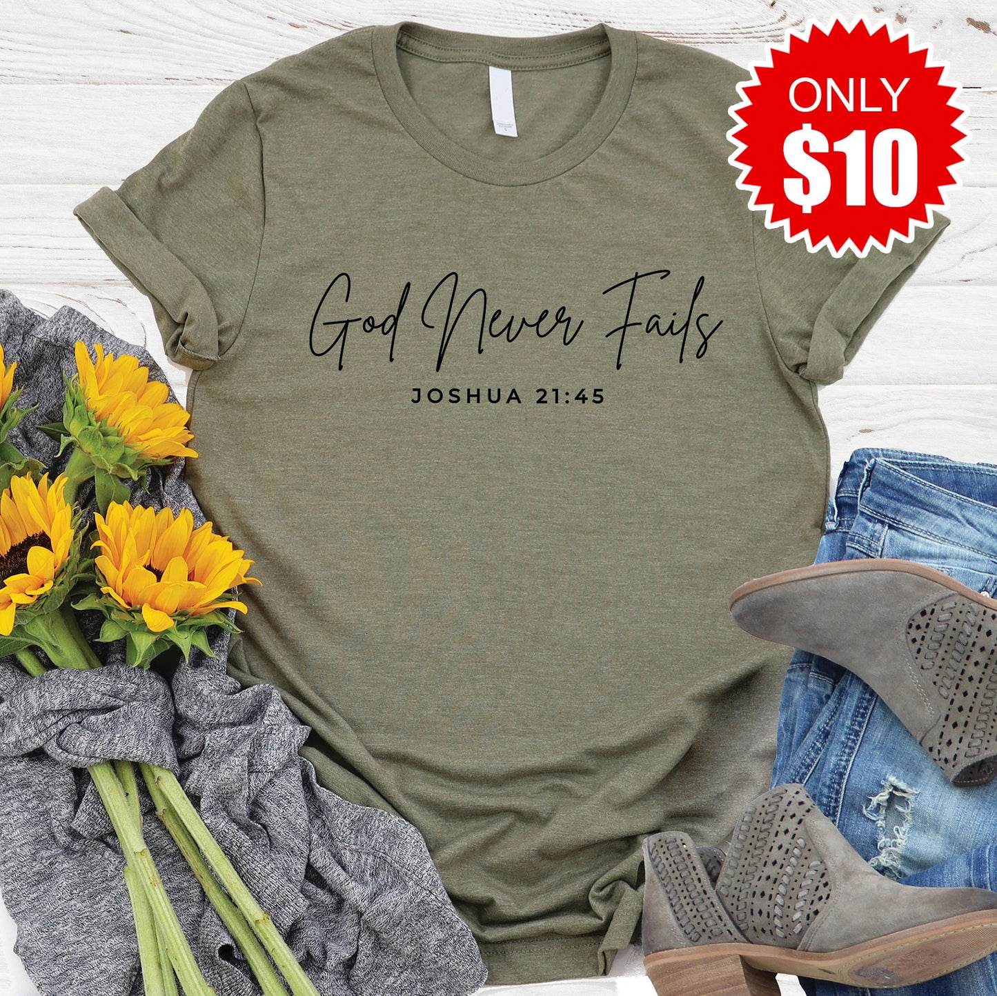 God Never Fails Tee - Heather Olive - 10