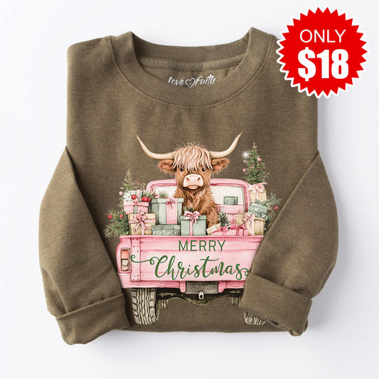 Christmas Cow Truck Sweatshirt - Heather Olive - 18