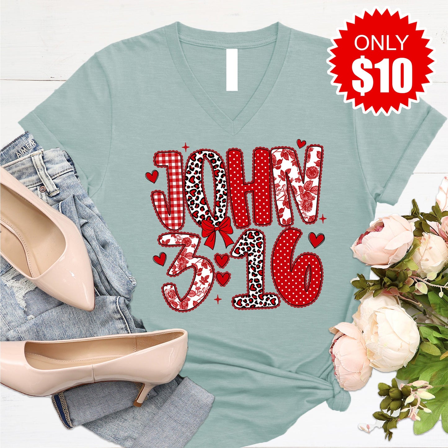 John 3:16 V-Neck - Heather Sage - 10