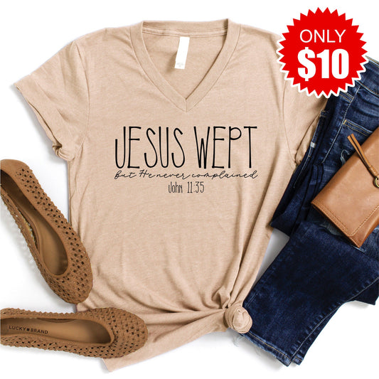 Jesus Wept V-Neck - Heather Sand Dune - 10