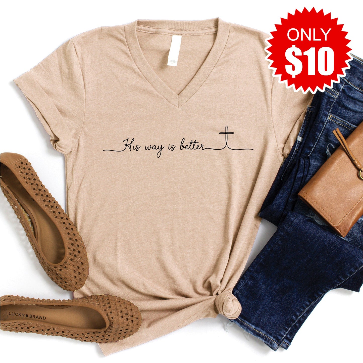 His Way Is Better V-Neck - Heather Sand Dune - 10
