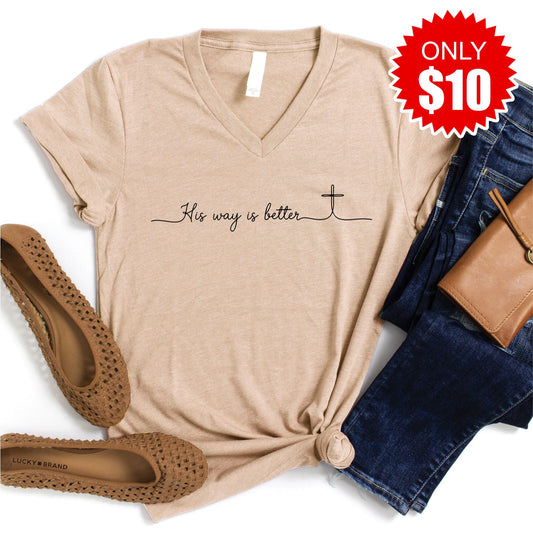 His Way Is Better V-Neck - Heather Sand Dune - 10