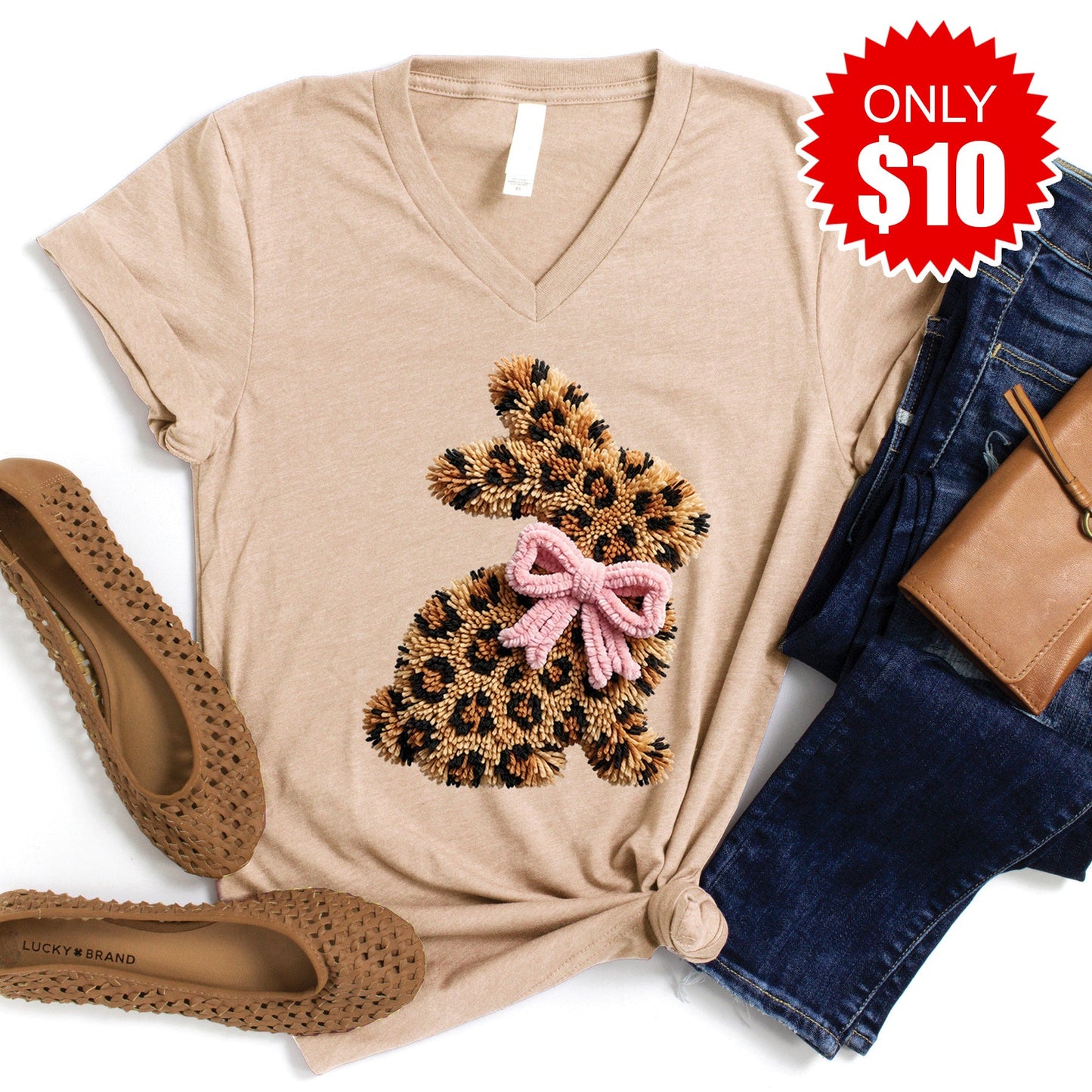 Leopard Bunny V-Neck - Heather Sand Dune - 10