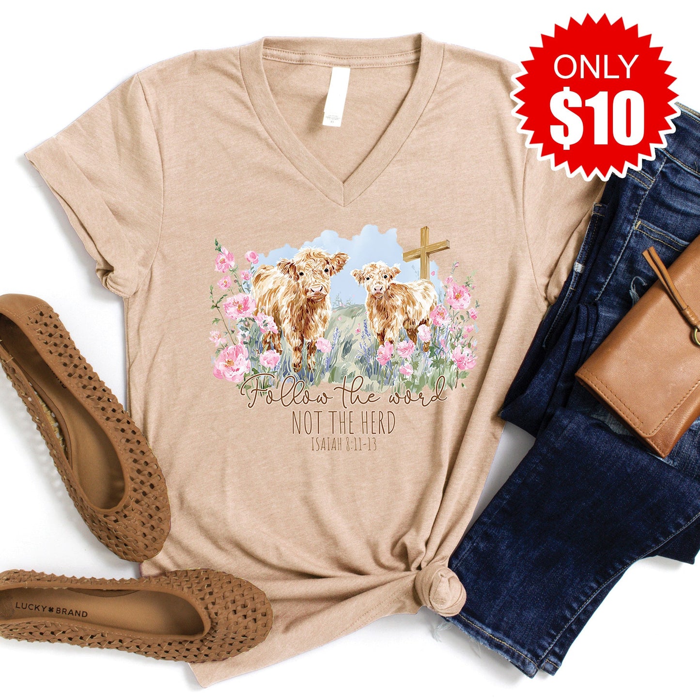 Follow The Word V-Neck - Heather Sand Dune - 10