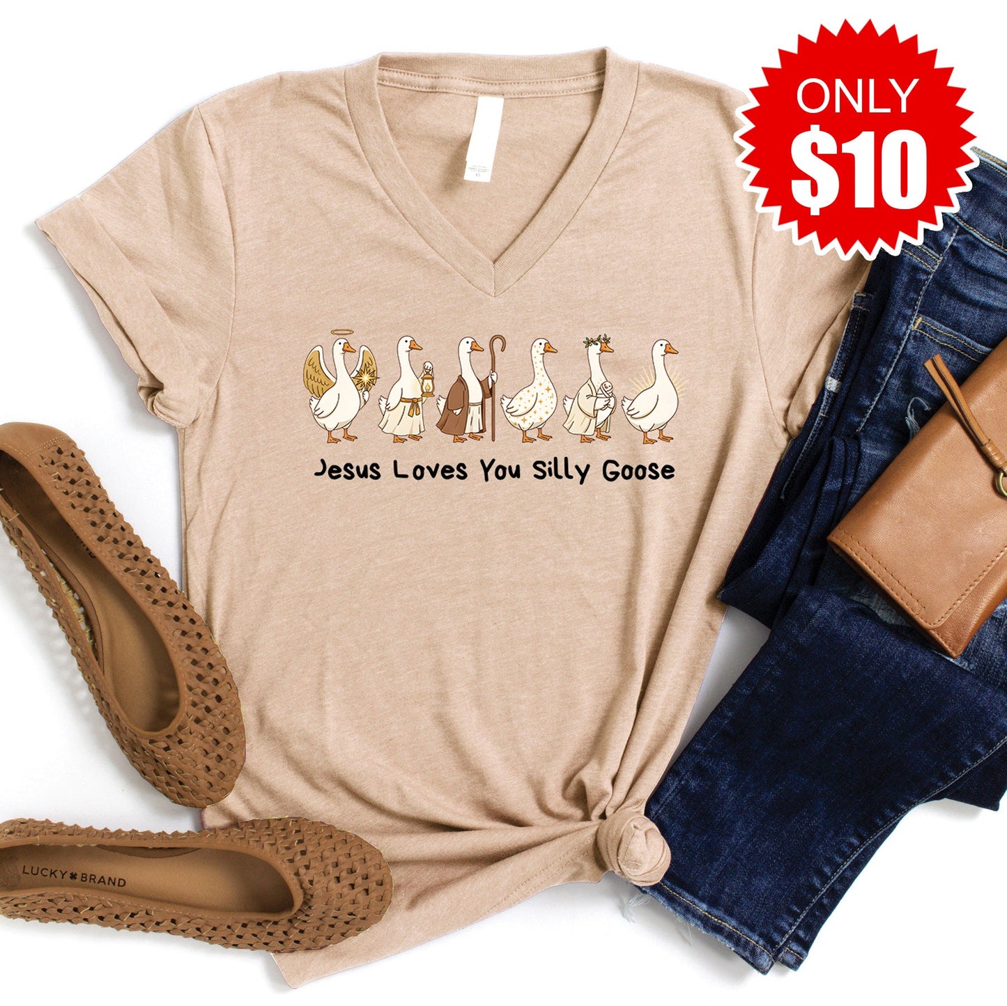 Jesus Loves You Silly Goose V-Neck - Heather Sand Dune - 10