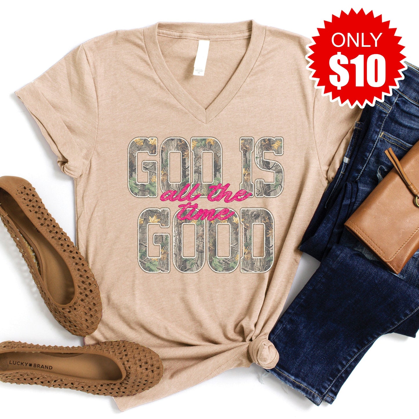 God Is Good V-Neck - Heather Sand Dune - 10