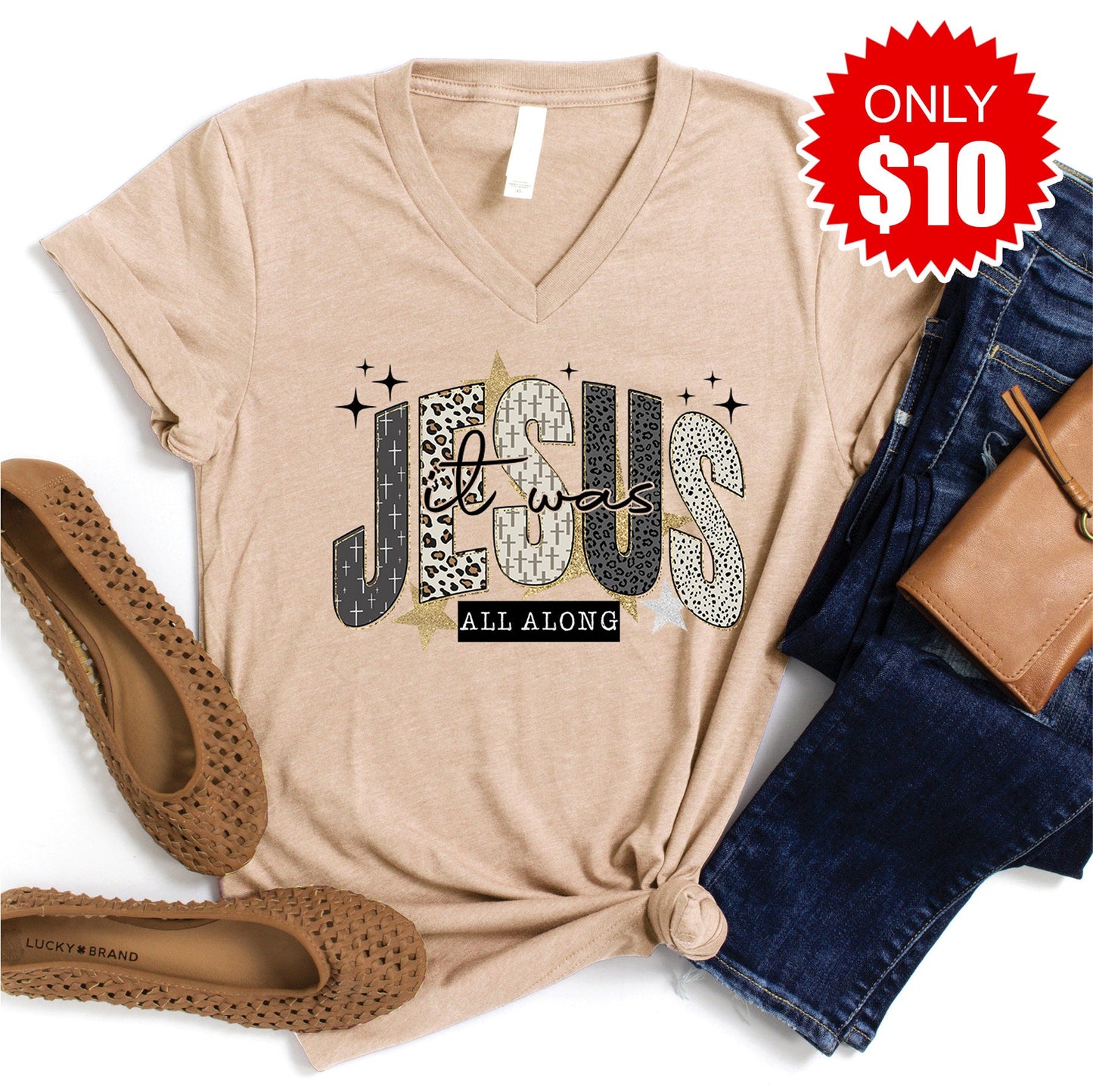 Jesus V-Neck - Heather Sand Dune - 10