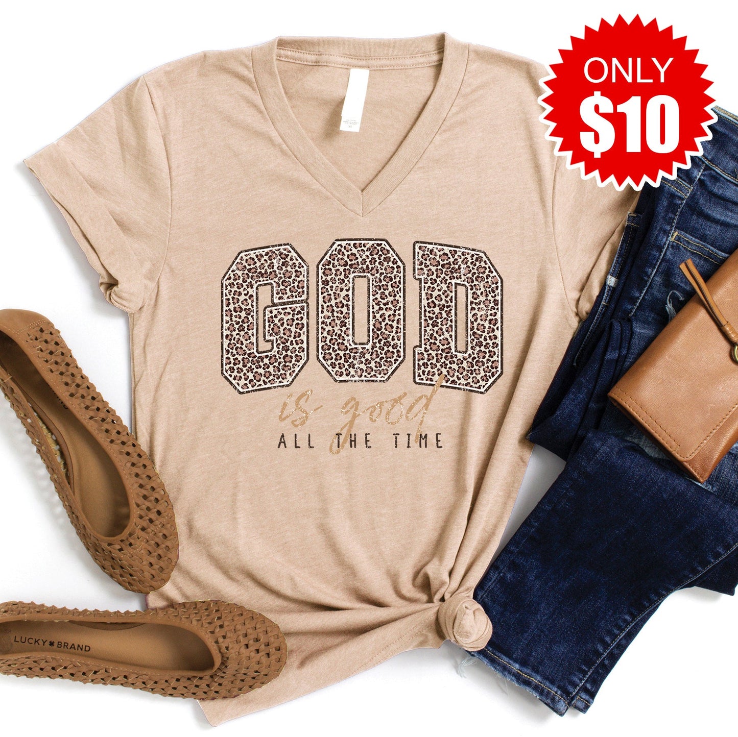 God Is Good V-Neck - Heather Sand Dune - 10