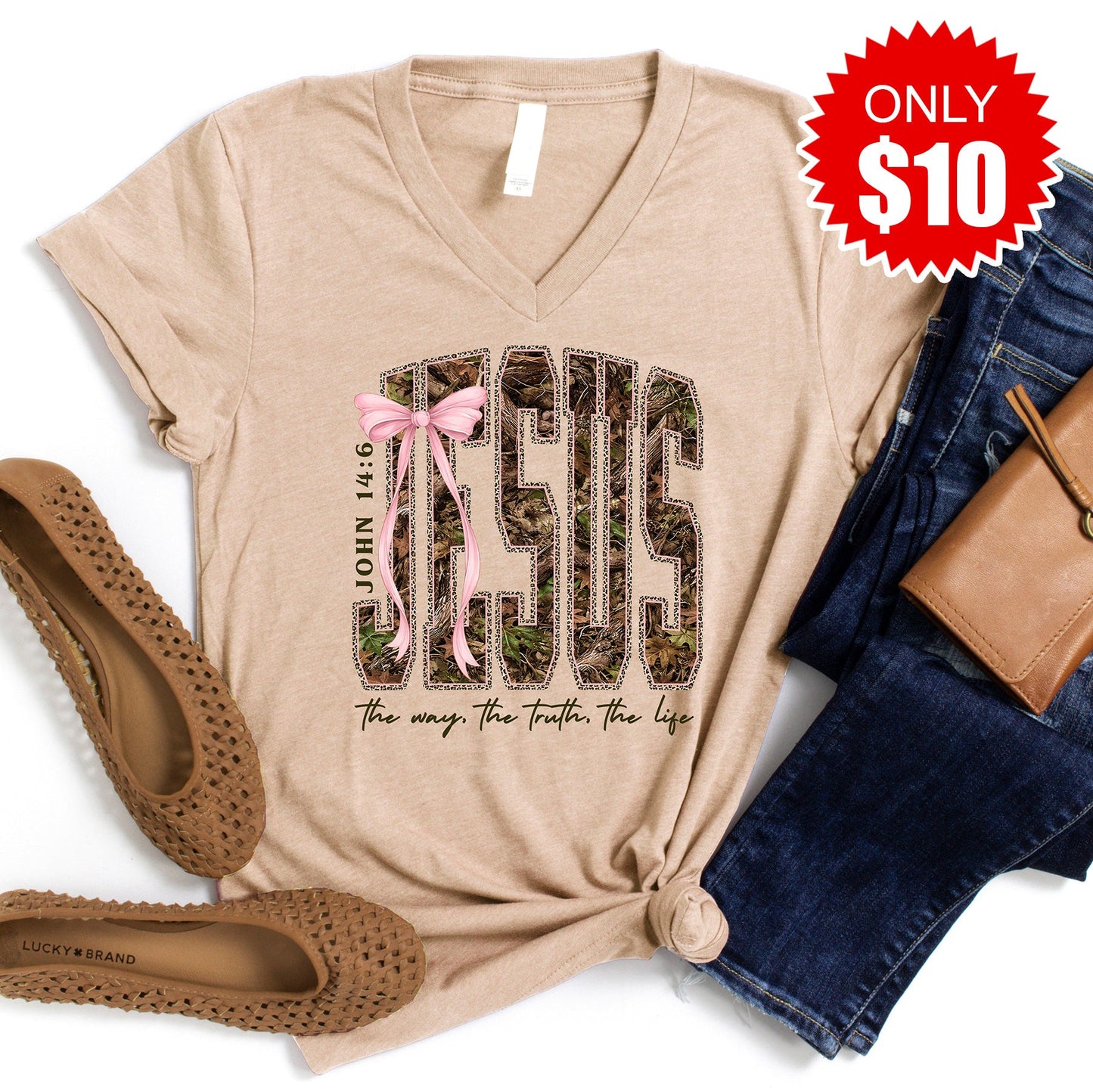 Jesus V-Neck - Heather Sand Dune - 10