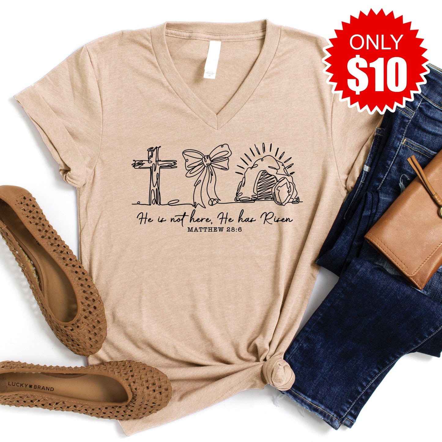 He Has Risen V-Neck - Heather Sand Dune - 10