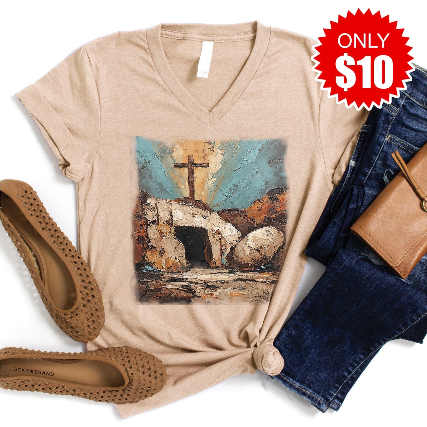 He Is Risen V-Neck - Heather Sand Dune - 10