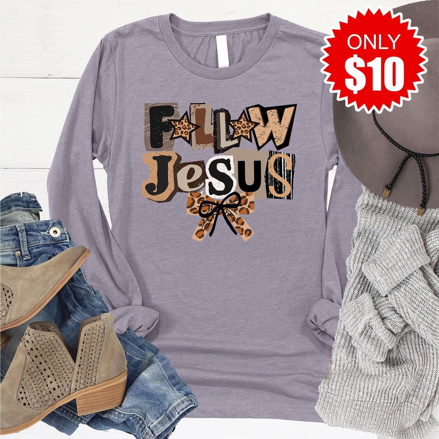 Follow Jesus Long Sleeve - Heather Storm - 10