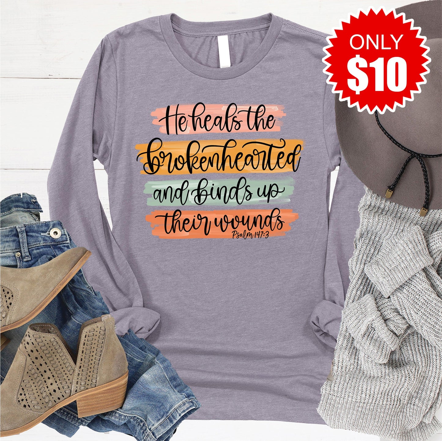 He Heals The Brokenhearted Long Sleeve - Heather Storm - 10