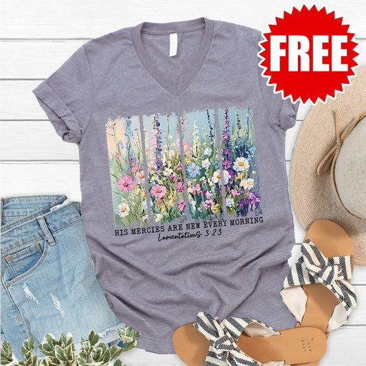 His Mercies Are New V-Neck - Heather Storm - 0