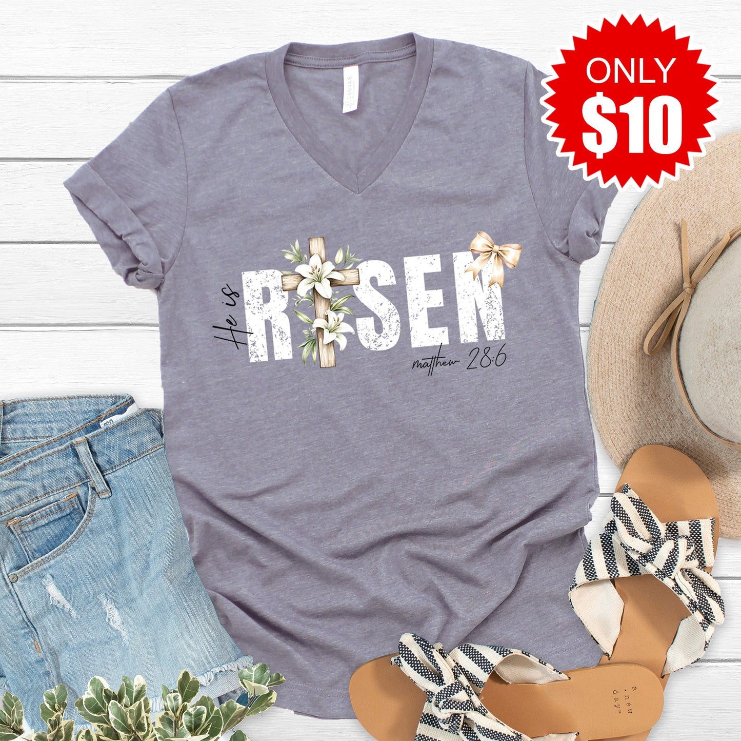 He Is Risen V-Neck - Heather Storm - 10