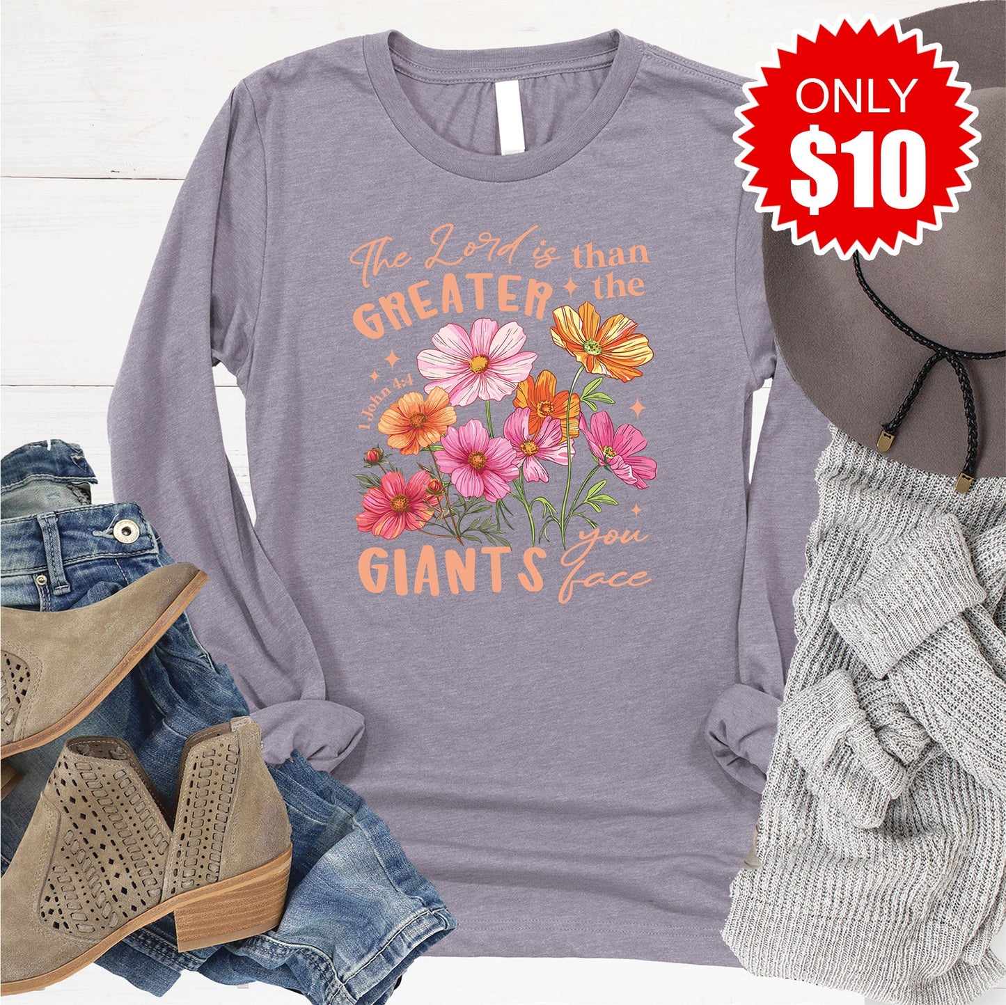 Greater Than The Giants Long Sleeve - Heather Storm - 10