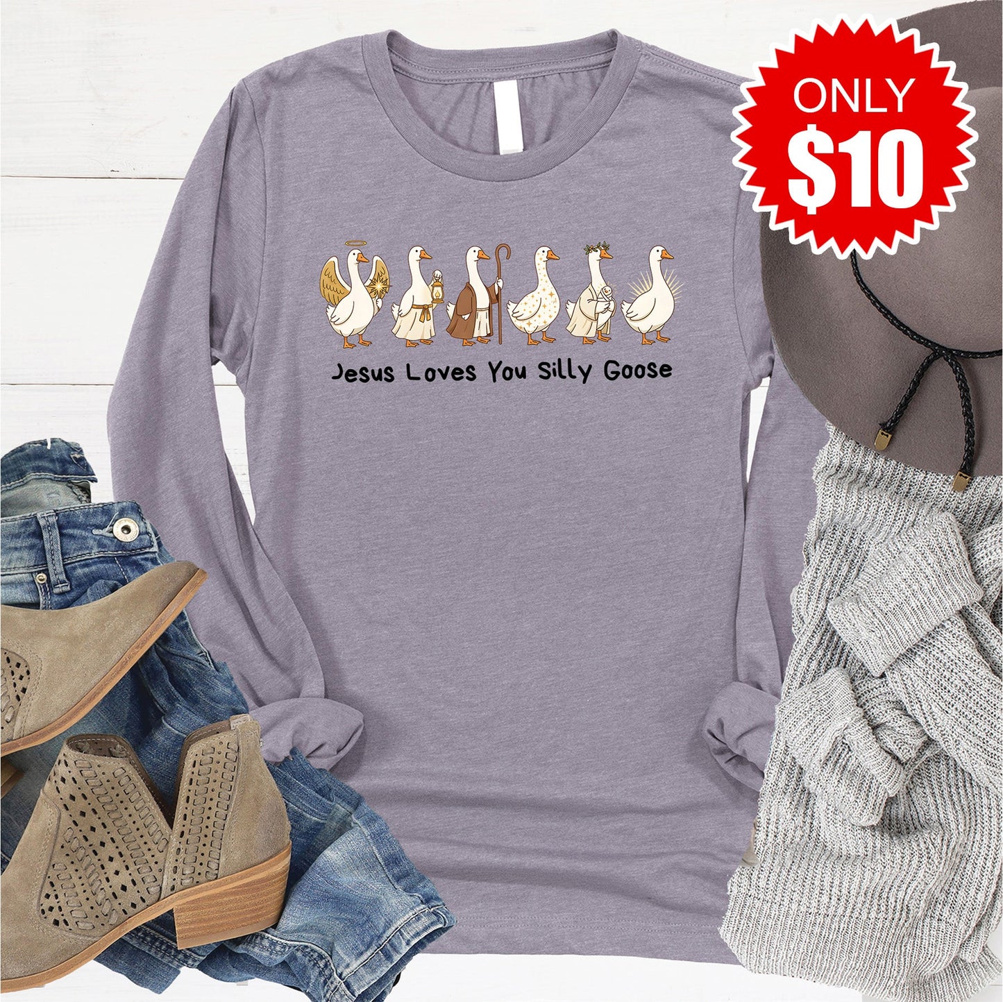 Jesus Loves You Silly Goose Long Sleeve - Heather Storm - 10