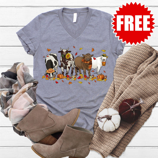 Cows Pumpkins V-Neck - Heather Storm - 0