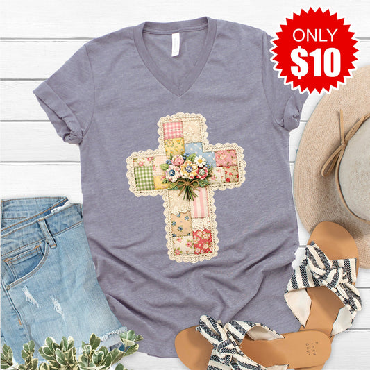 Cross Patchwork V-Neck - Heather Storm - 10