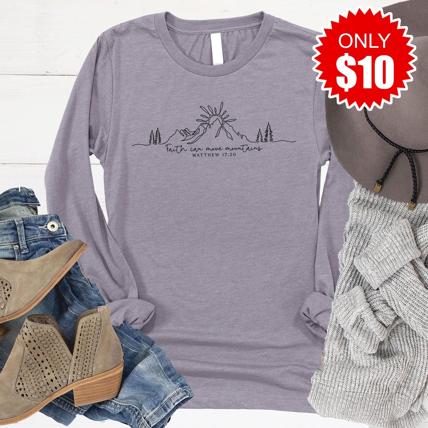 Faith Can Move Mountains Long Sleeve - Heather Storm - 10