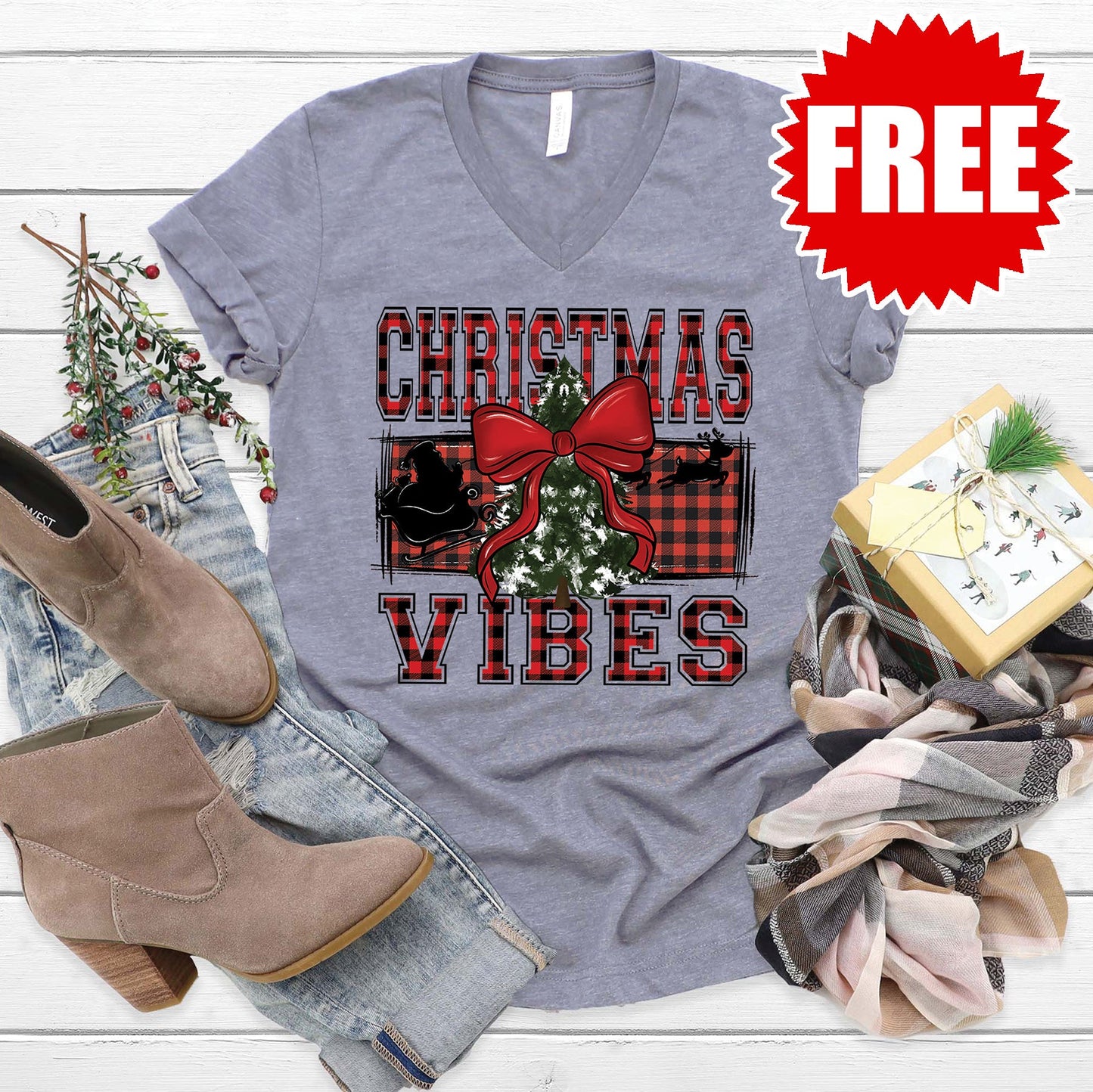 Christmas Vibes V-Neck - Heather Storm - 0