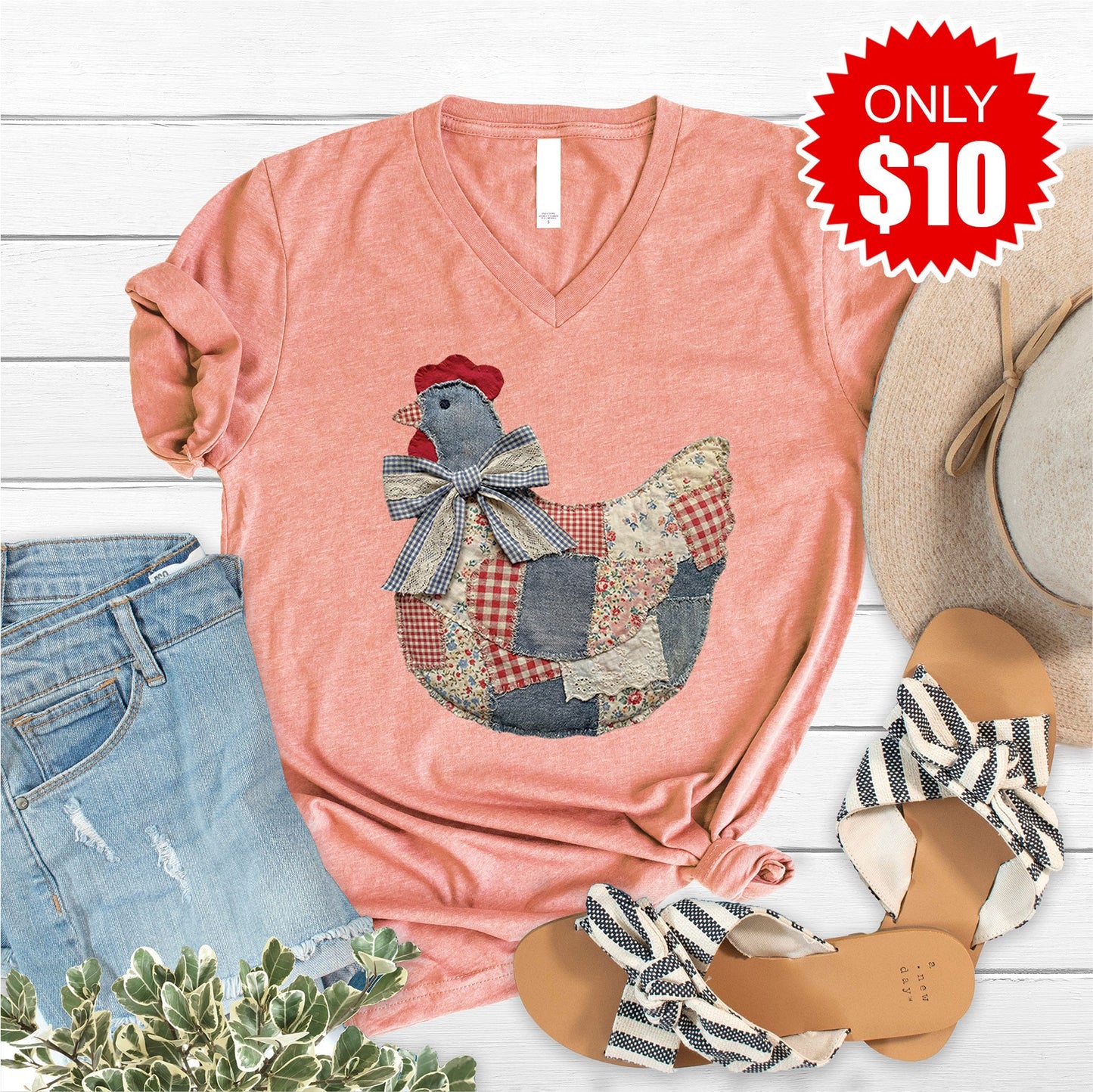 Hen Patchwork V-Neck - Heather Sunset - 10