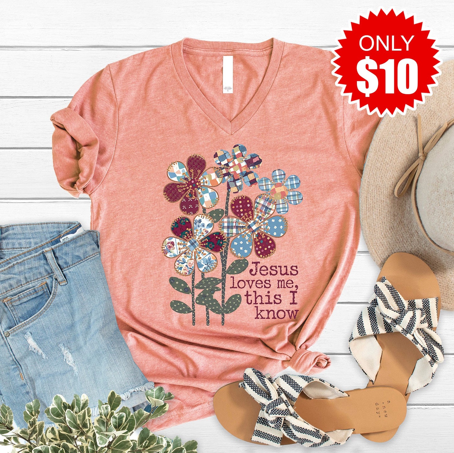 Jesus Loves Me V-Neck - Heather Sunset - 10