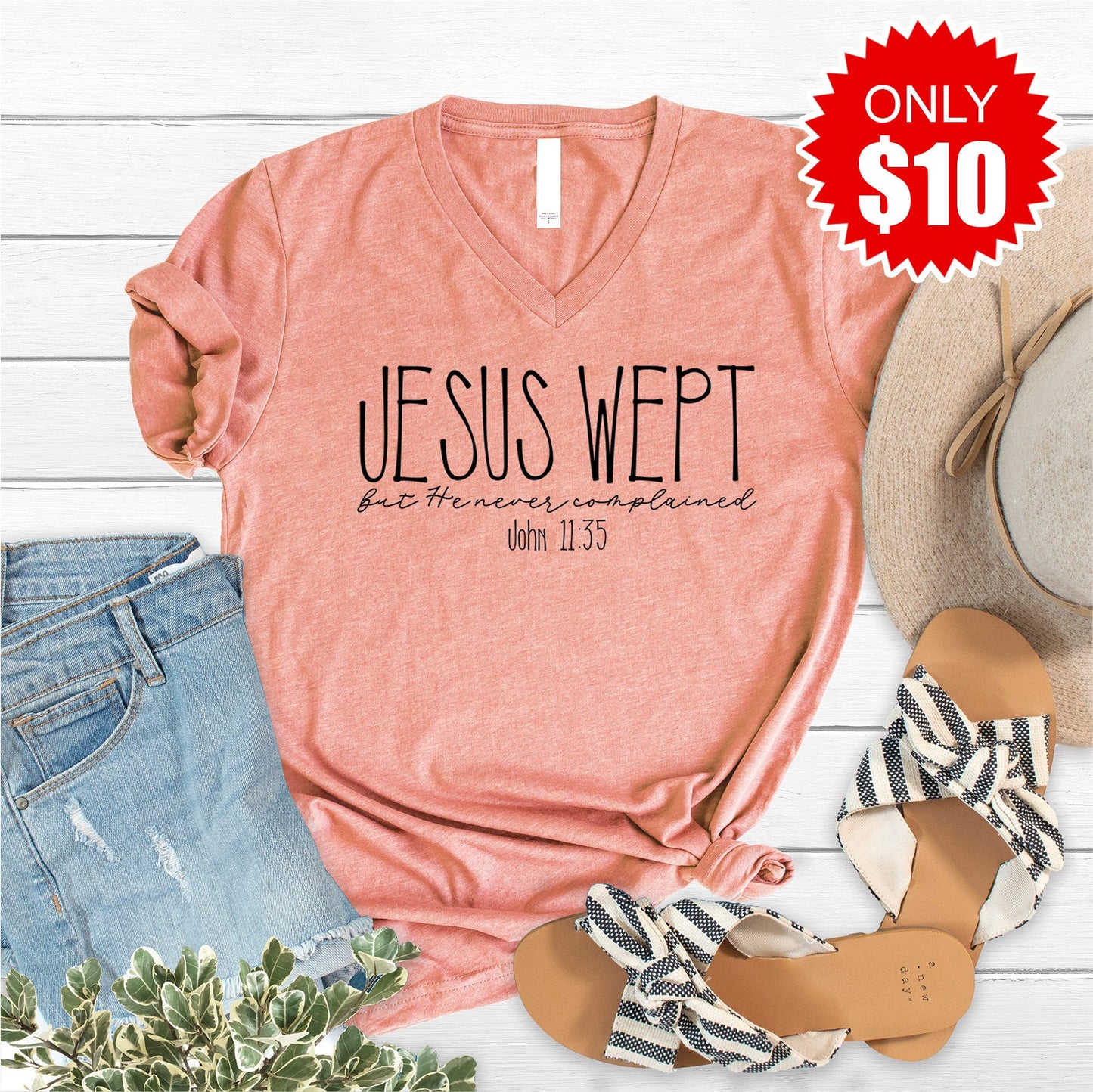 Jesus Wept V-Neck - Heather Sunset - 10