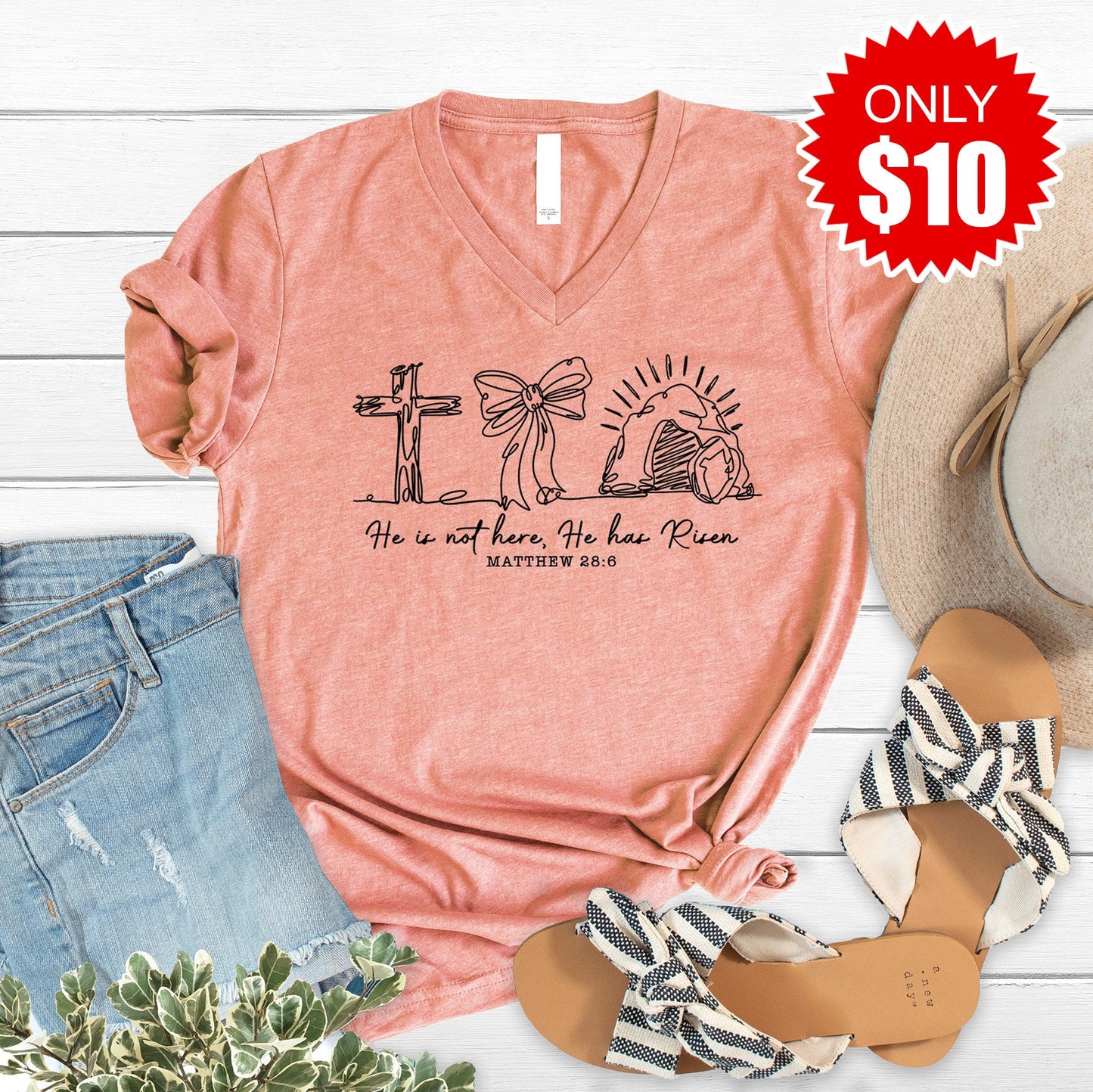 He Has Risen V-Neck - Heather Sunset - 10