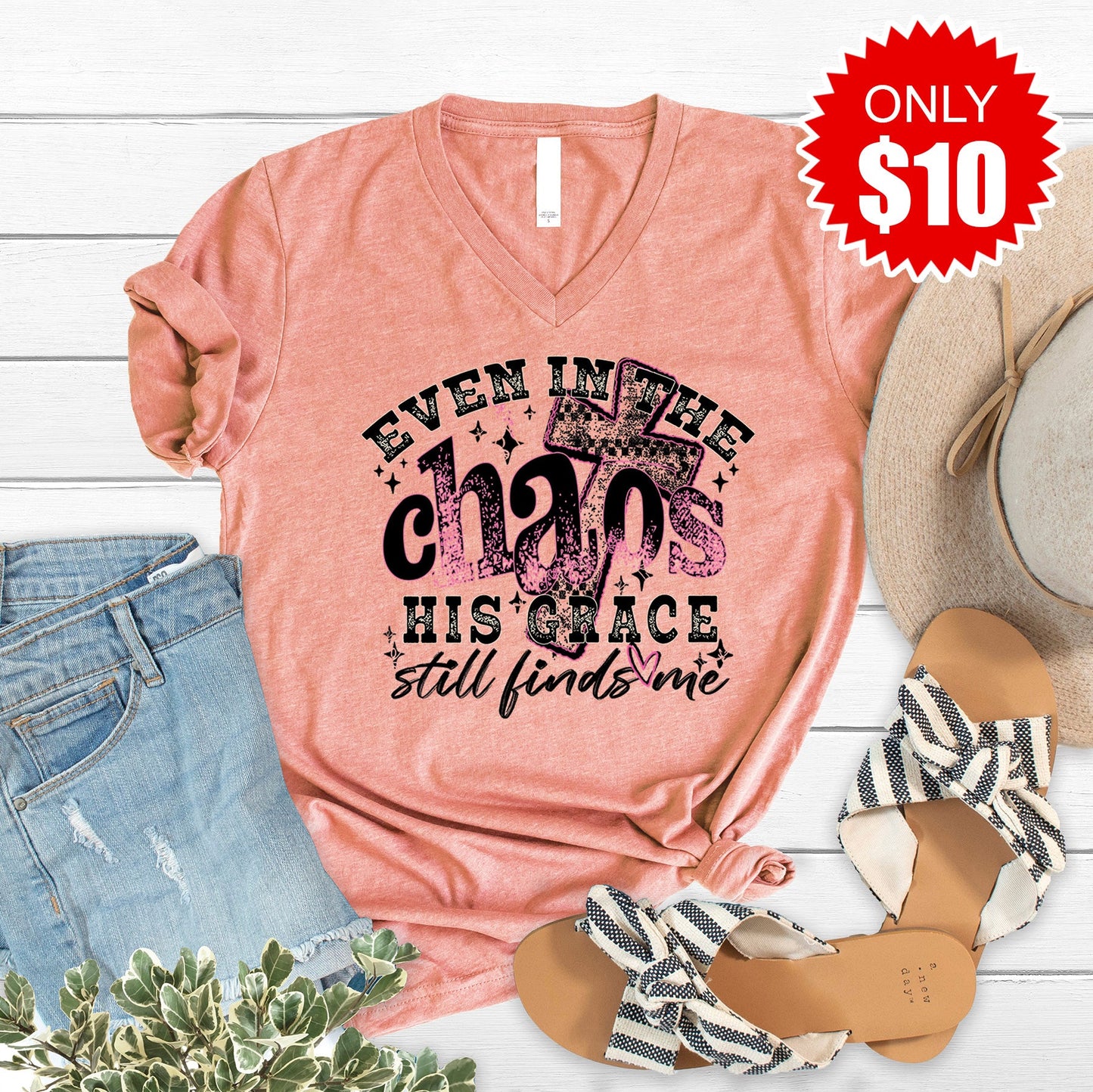 His Grace Still Finds Me V-Neck - Heather Sunset - 10