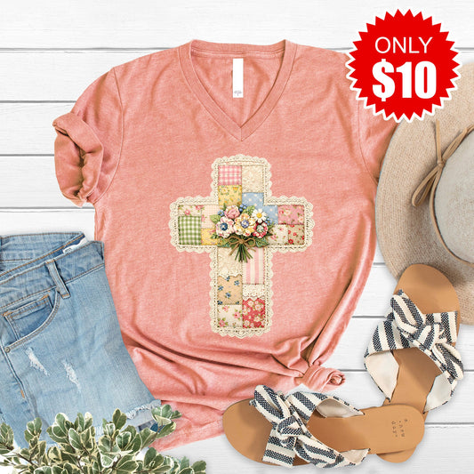 Cross Patchwork V-Neck - Heather Sunset - 10