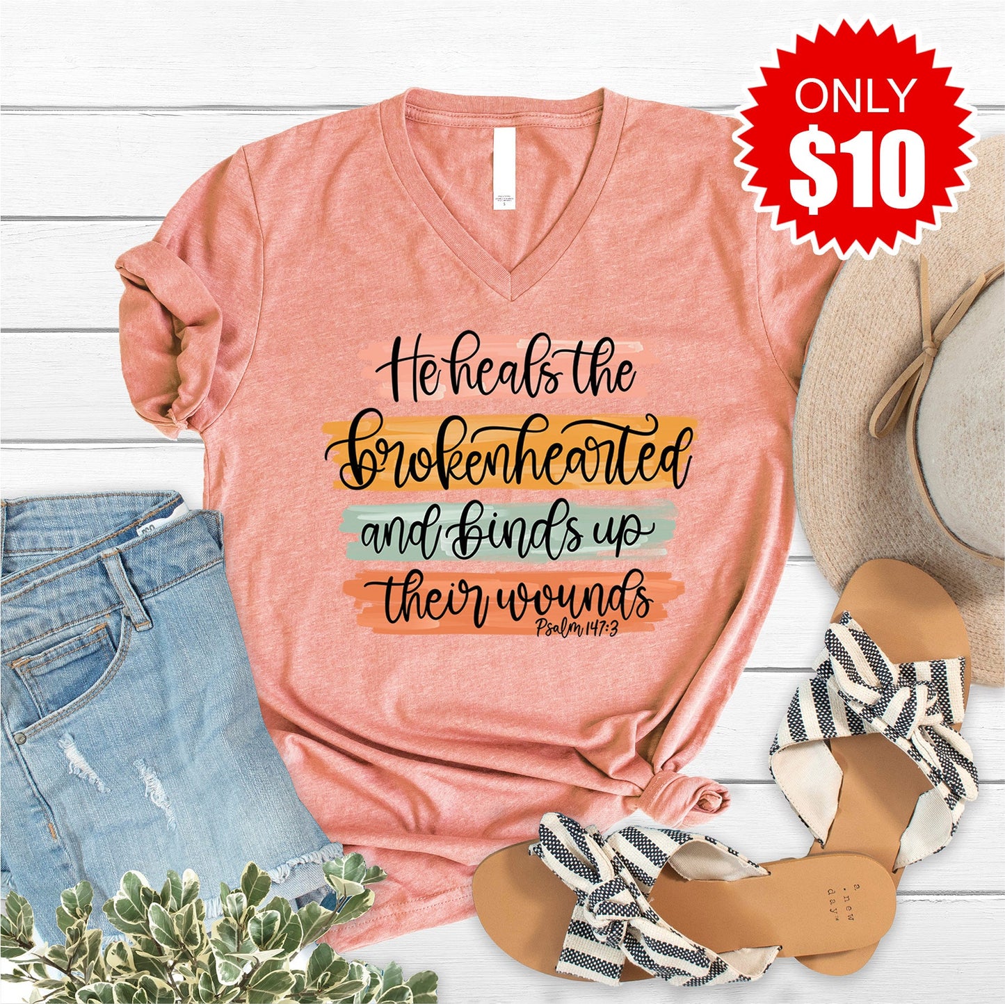 He Heals The Brokenhearted V-Neck - Heather Sunset - 10