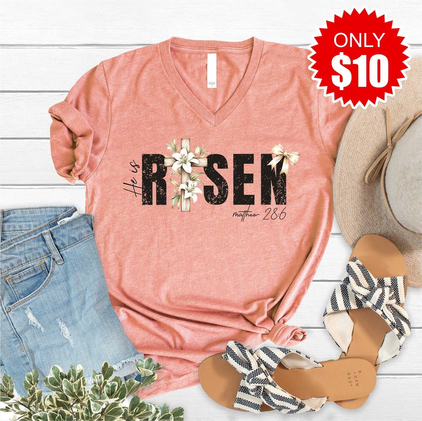 He Is Risen V-Neck - Heather Sunset - 10