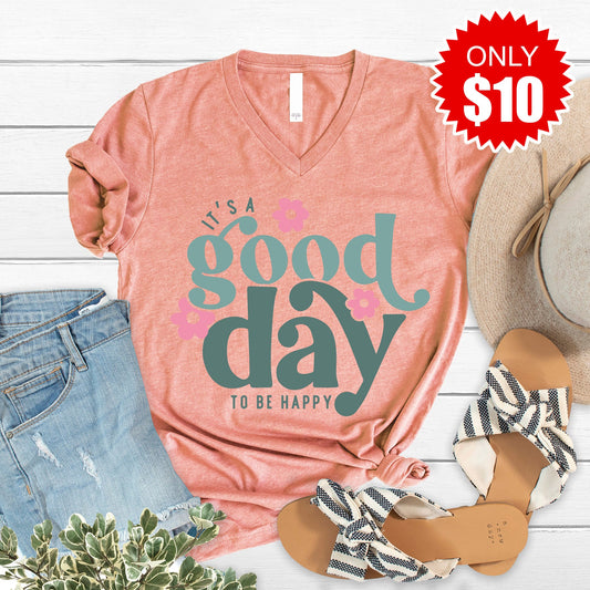 Good Day To Be Happy V-Neck - Heather Sunset - 10