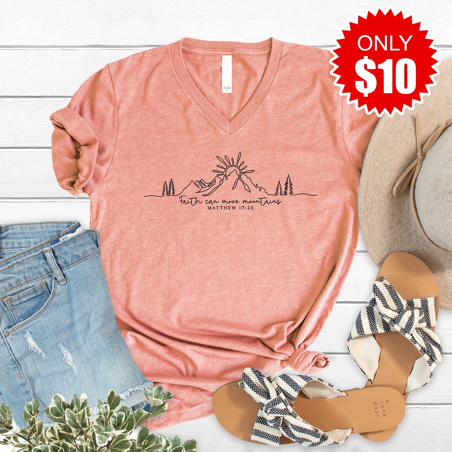 Faith Can Move Mountains V-Neck - Heather Sunset - 10