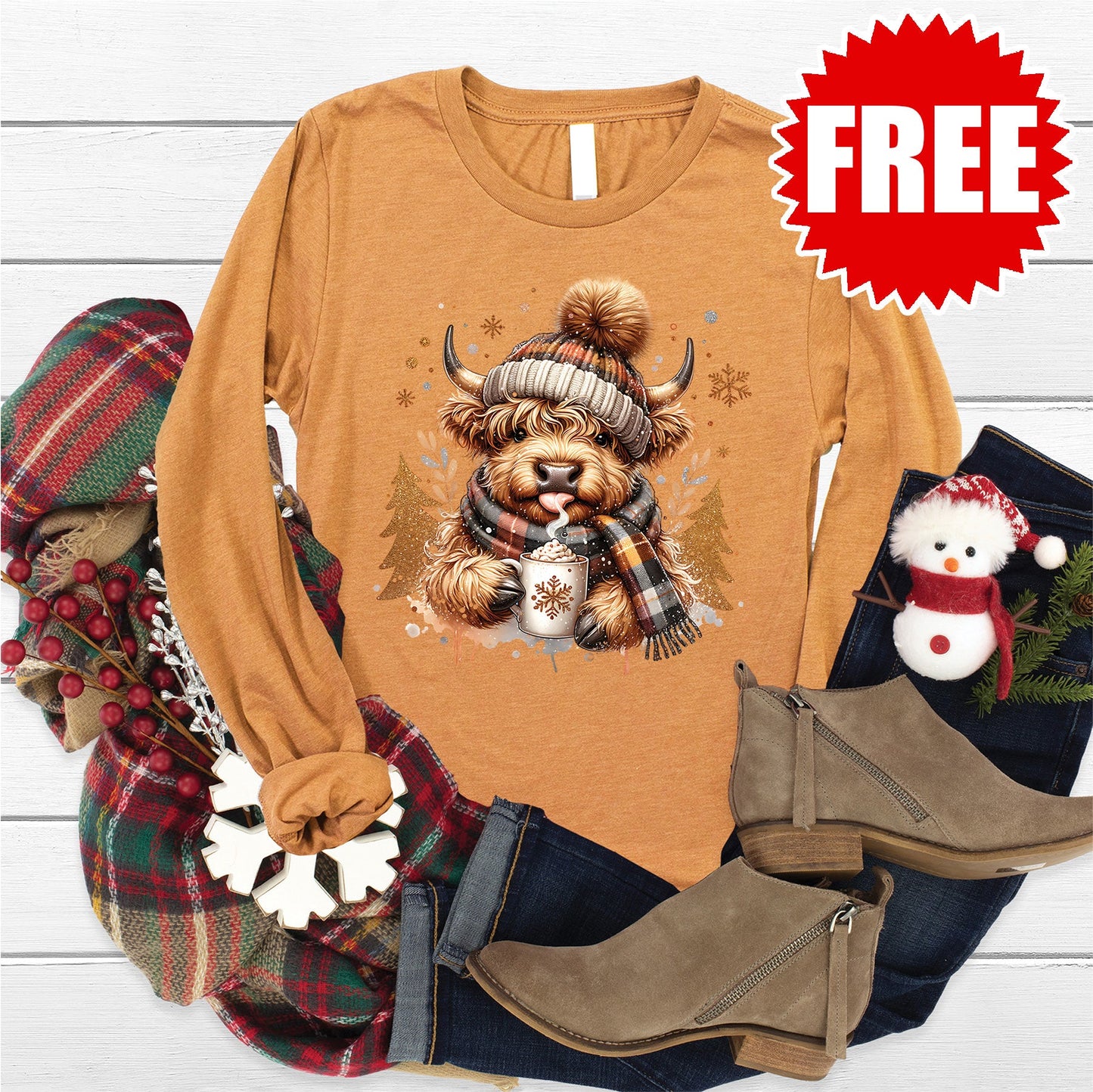 Highland Cow Long Sleeve - Heather Toast - 0