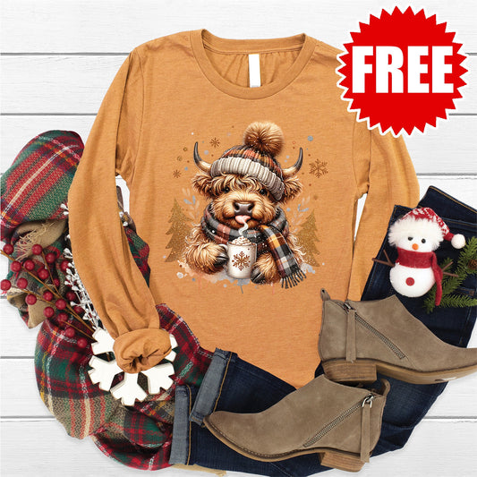 Highland Cow Long Sleeve - Heather Toast - 0
