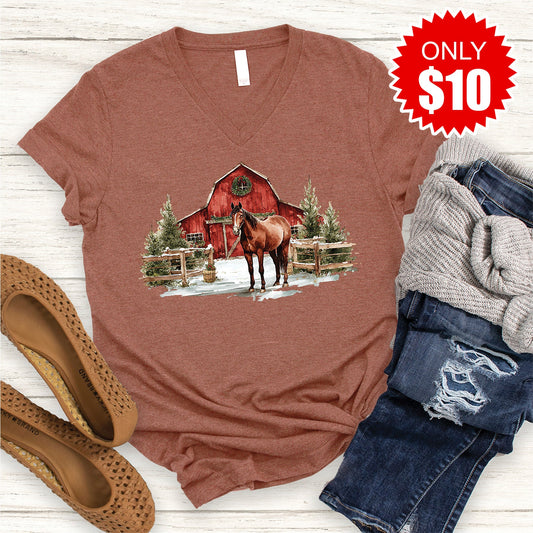 Horse Barn V-Neck - Heather Chestnut - 10