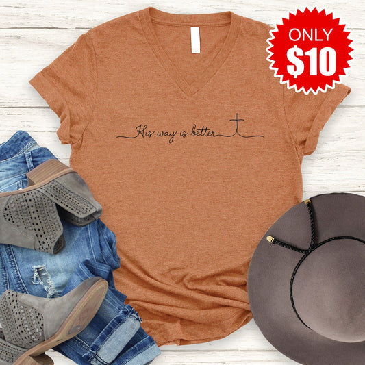 His Way Is Better V-Neck - Heather Autumn - 10