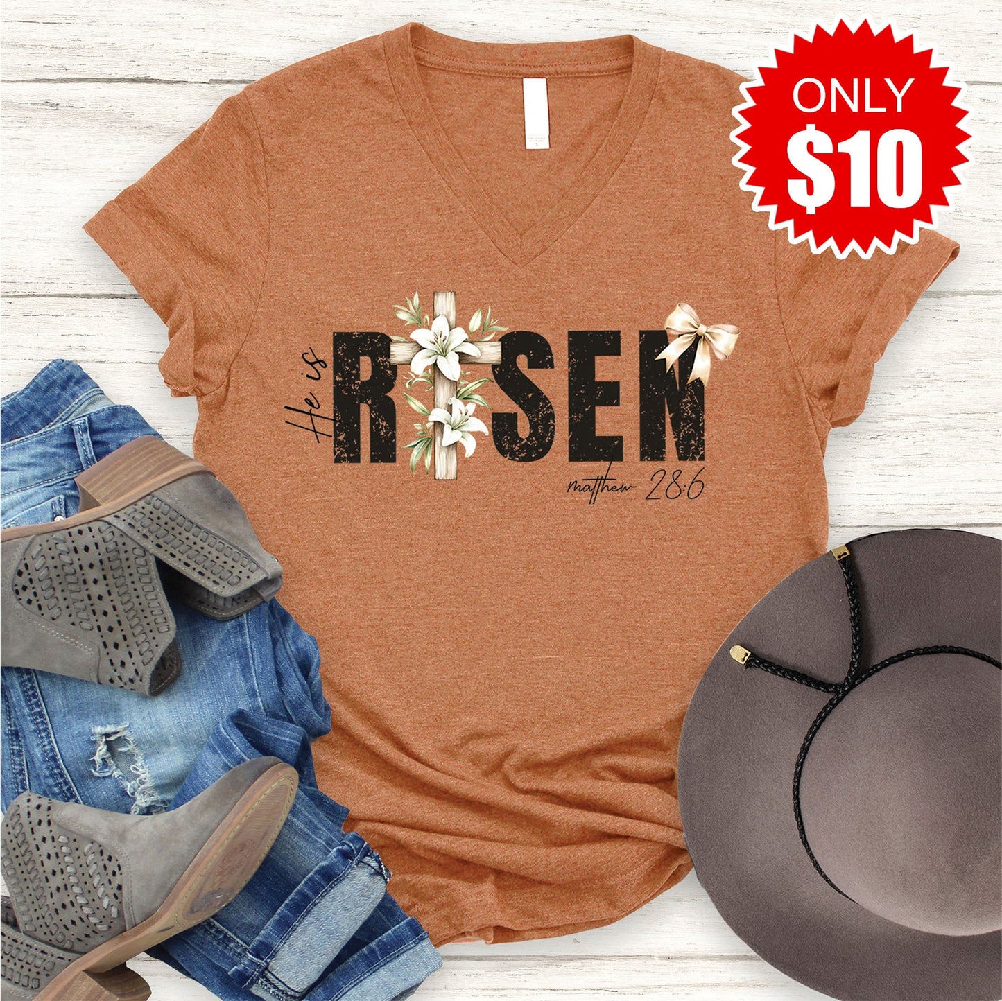 He Is Risen V-Neck - Heather Autumn - 10