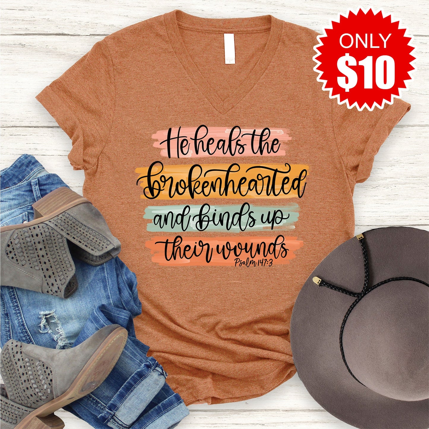 He Heals The Brokenhearted V-Neck - Heather Autumn - 10