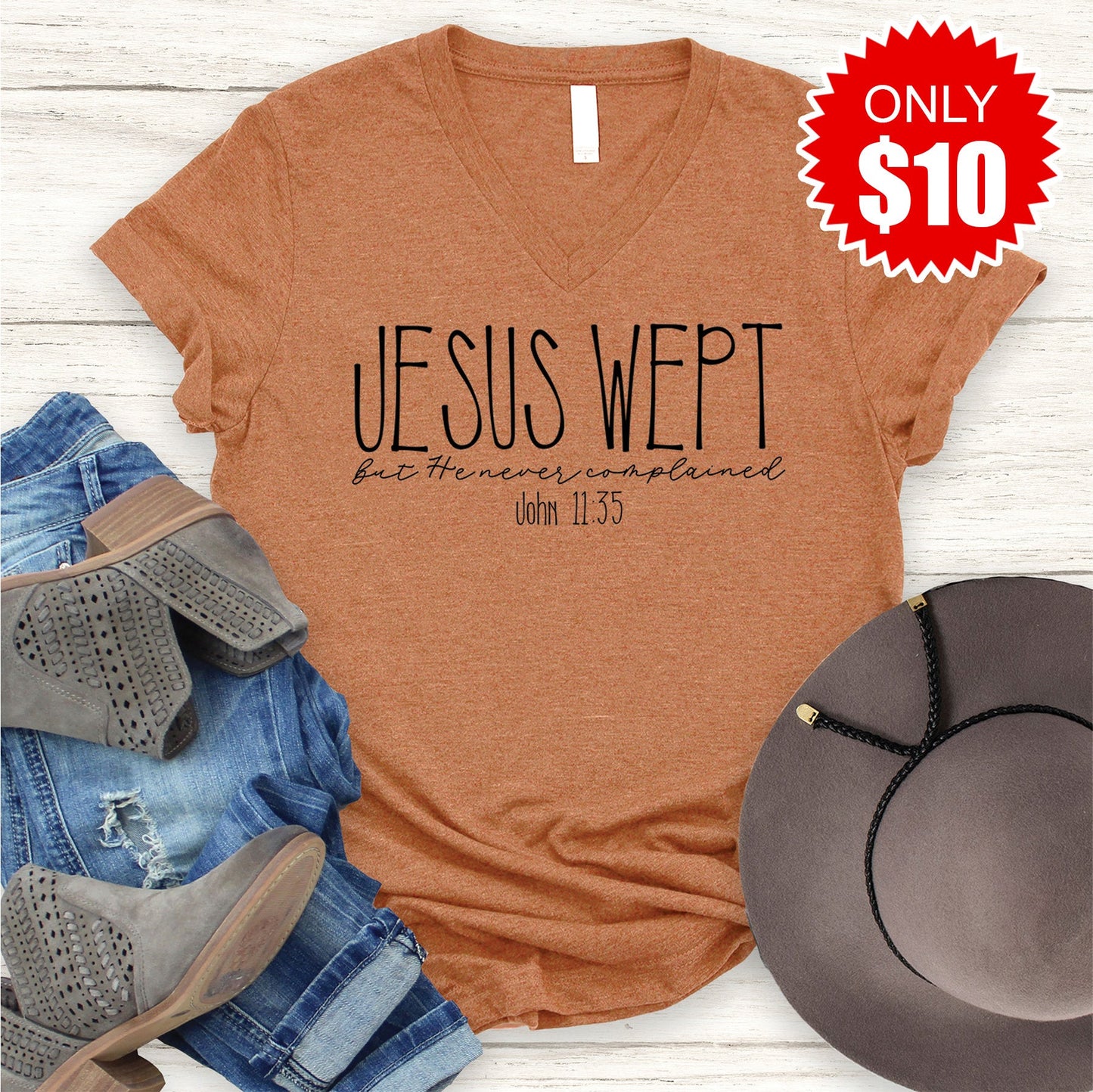Jesus Wept V-Neck - Heather Autumn - 10