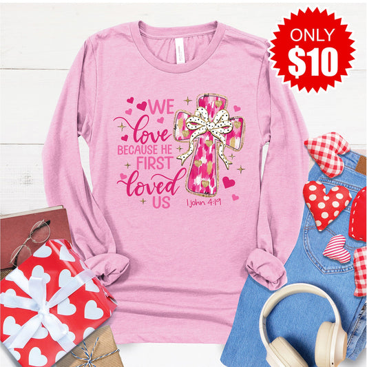 He First Loved Us Long Sleeve - Heather Bubble Gum - 10