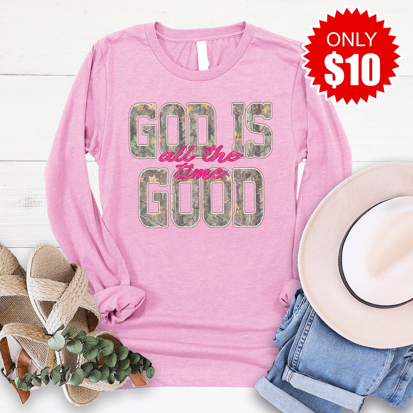 God Is Good Long Sleeve - Heather Bubble Gum - 10