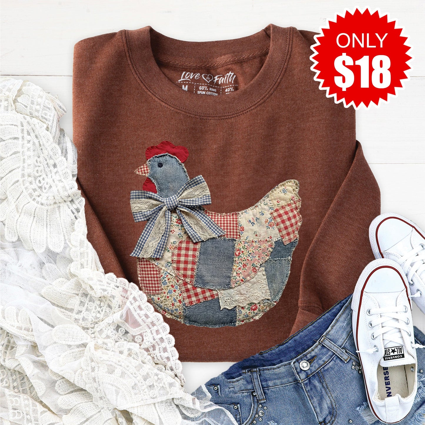 Hen Patchwork Sweatshirt - Heather Brown - 18